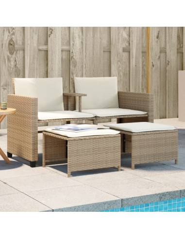 Gartensofa 2-Sitzer mit Tisch und Hockern Beige Poly Rattan