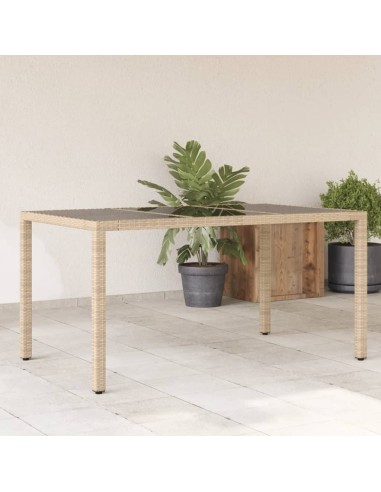 Gartentisch mit Glasplatte Beige 150x90x75 cm Poly Rattan