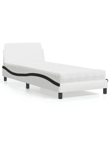 Bett mit Matratze Weiß und Schwarz 90x200 cm Kunstleder