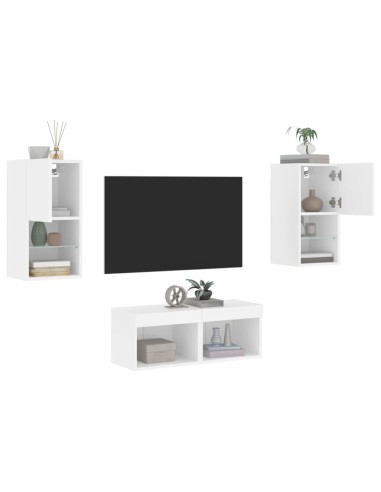 4-tlg. TV-Wohnwand mit LED-Leuchten Weiß