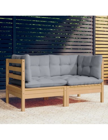 2-Sitzer-Gartensofa mit Grauen Kissen Massivholz Kiefer