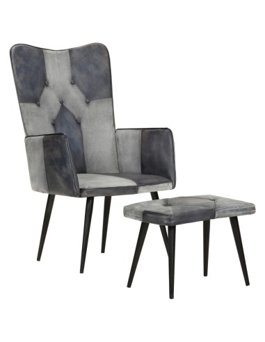 Sessel mit Hocker Grau Echtleder und Canvas