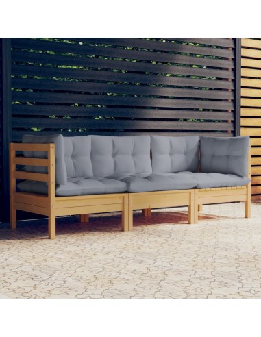 3-Sitzer-Gartensofa mit Grauen Kissen Massivholz Kiefer