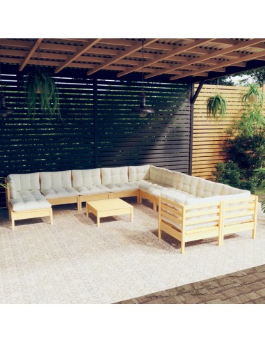 12-tlg. Garten-Lounge-Set mit Creme Kissen Kiefernholz
