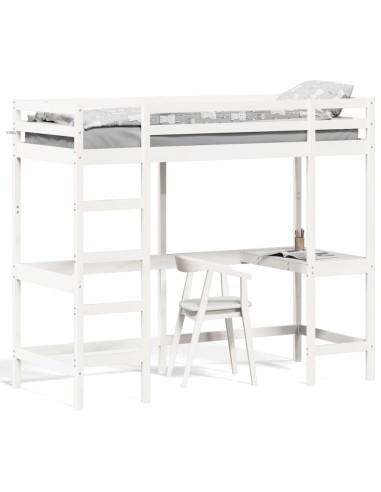 Hochbett mit Schreibtisch Weiß 75x190 cm Massivholz Kiefer