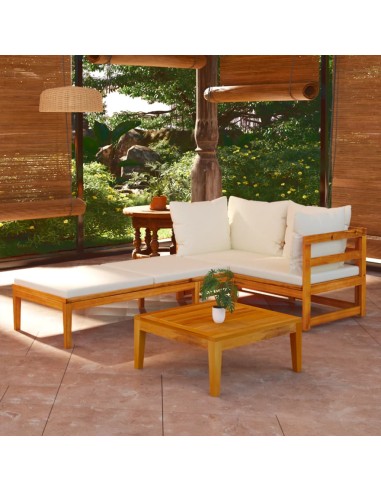 3-tlg. Garten-Lounge-Set mit Cremeweißen Kissen Massivholz Akazie