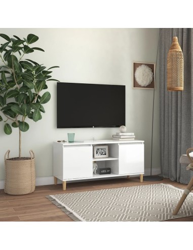 TV-Schrank mit Massivholz-Beinen Hochglanz-Weiß 103,5x35x50 cm
