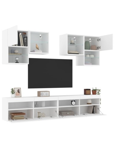 6-tlg. TV-Wohnwand mit LED-Leuchten Weiß