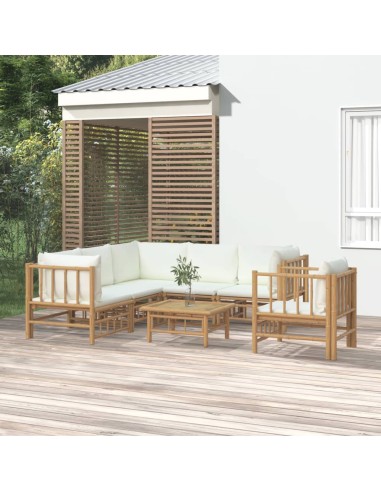 7-tlg. Garten-Lounge-Set mit Cremeweißen Kissen Bambus